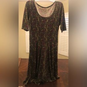 LulaRoe Nicole dress, size large, olive green and floral print.